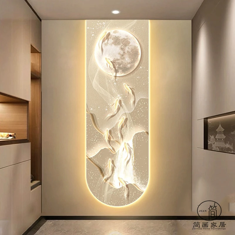 现代轻奢2025新款高端入户玄关装饰画走廊过道壁灯山水正对门挂画