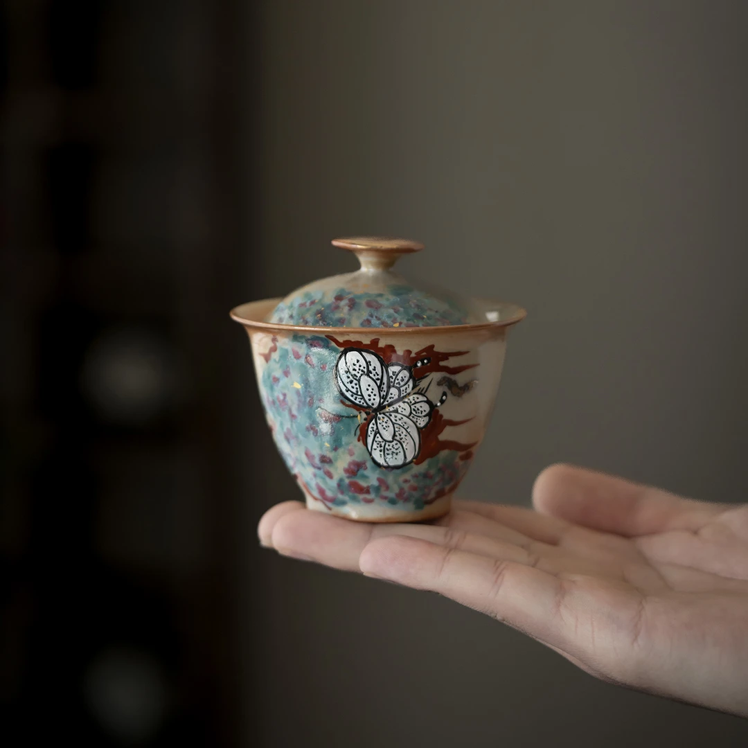 作志野烧柴烧手绘梦蝶二才盖碗茶具家用茶壶手工功夫茶具