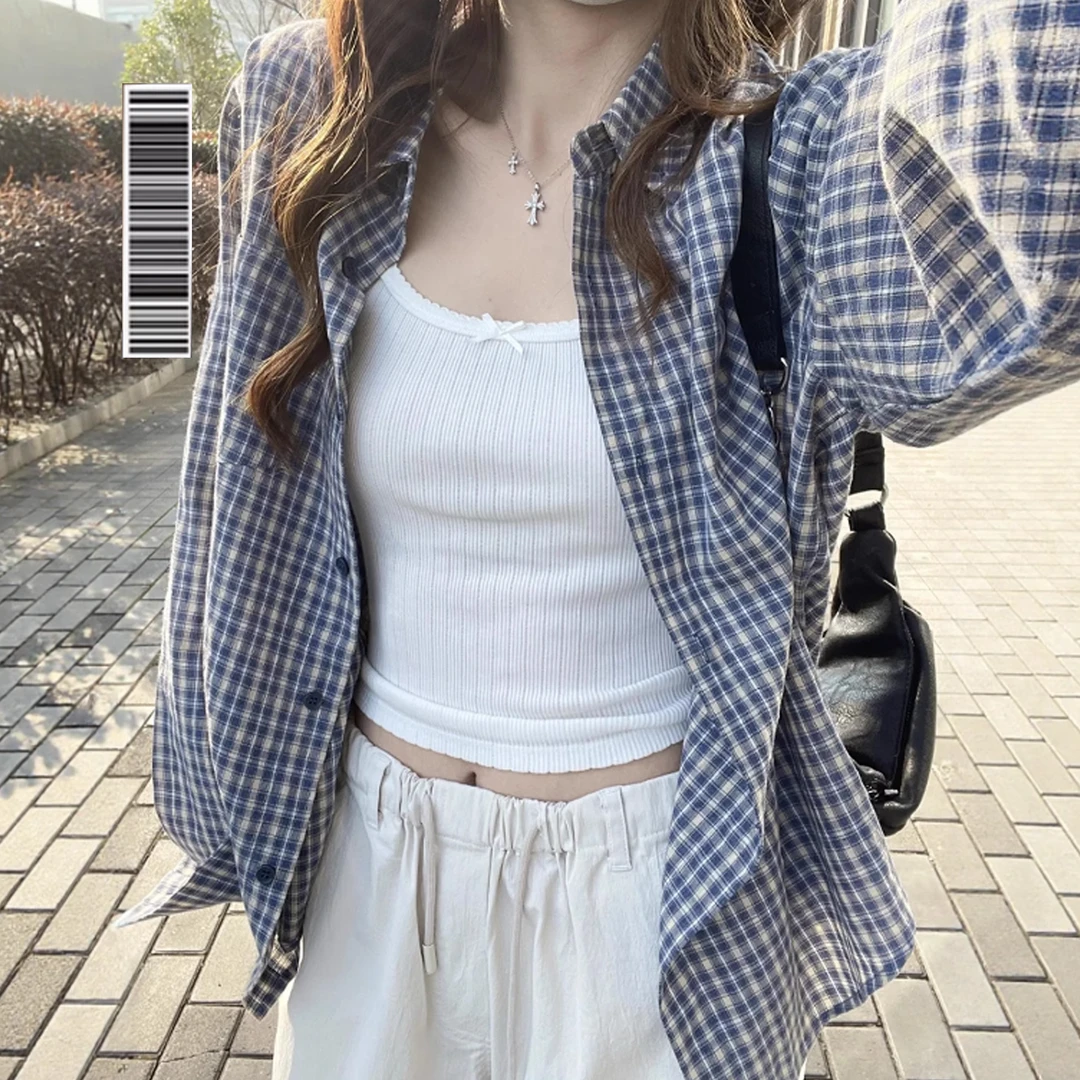 韩系蓝色格子防晒衬衫女2025春夏薄款宽松休闲衬衣慵懒风长袖上衣