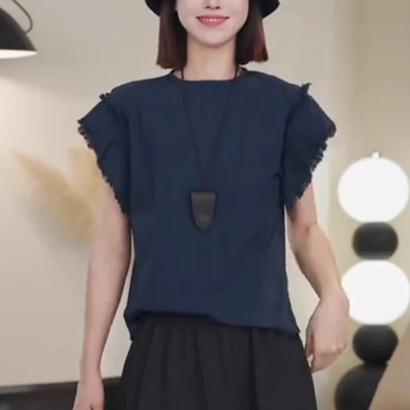 圆领亚麻无袖衬衫女2025夏季宽松时尚显瘦减龄别致小衫木耳边上衣