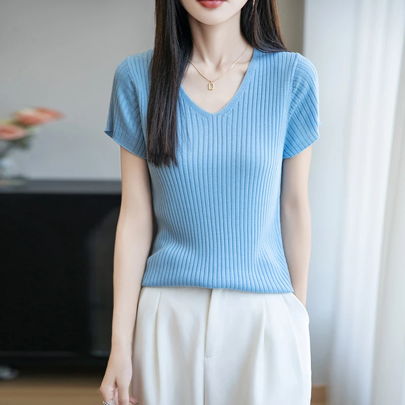 品牌2025夏新款时尚百搭显瘦蓝色V领针织衫女短袖打底衫T恤上衣女