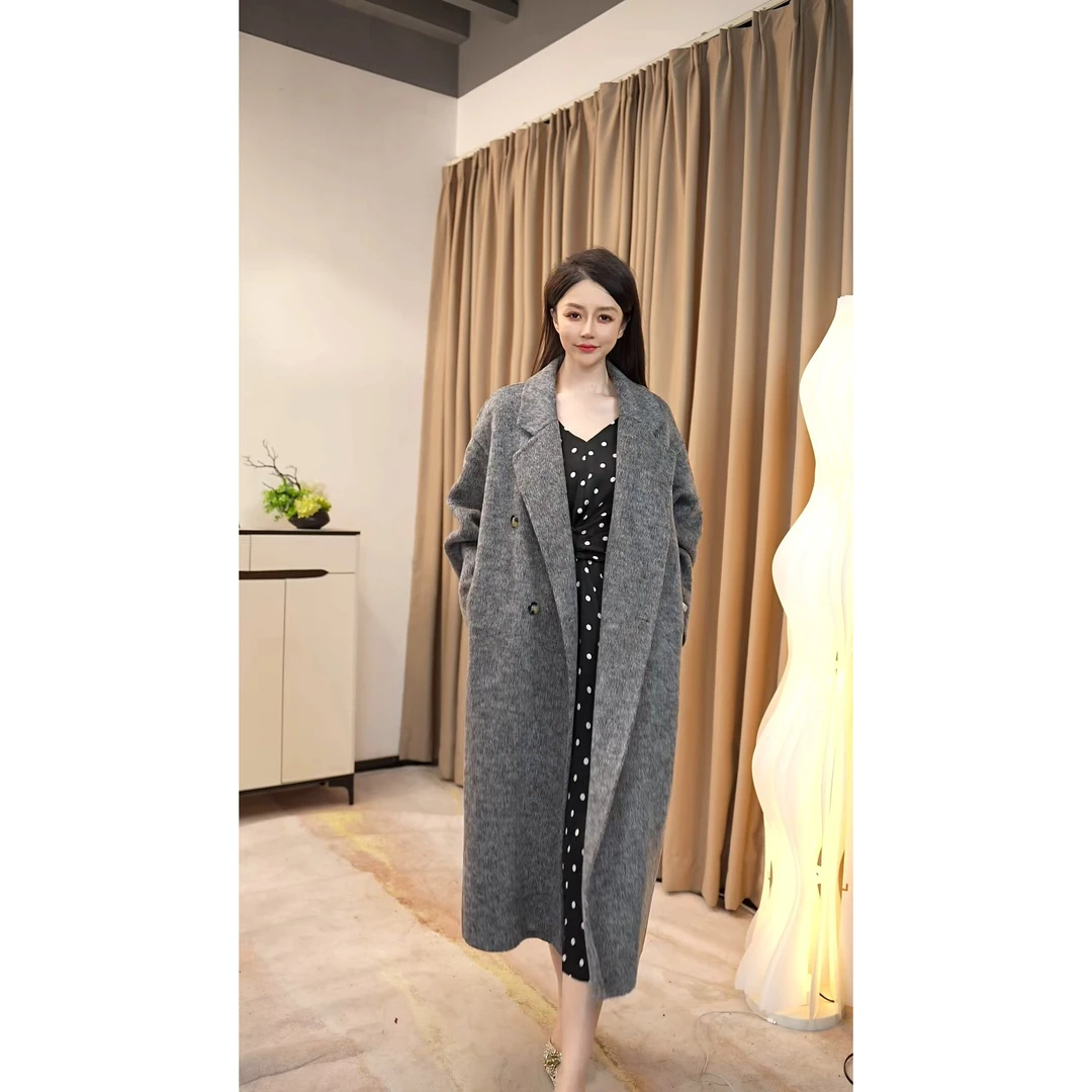 【雪梨】9294毛呢大衣长款女轻奢中长款拼接外套秋冬气质纯色