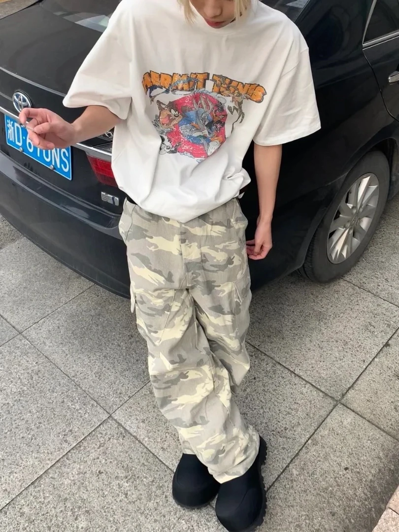 水洗做旧迷彩牛仔裤男女同款潮牌直筒阔腿伞兵裤宽松牛仔裤