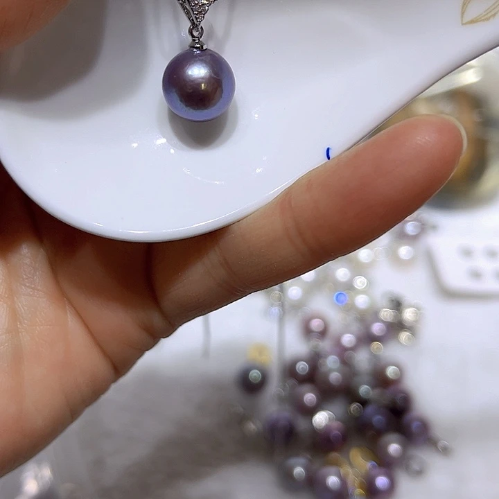 淡水珍珠紫珠银色v扣银S925镶嵌