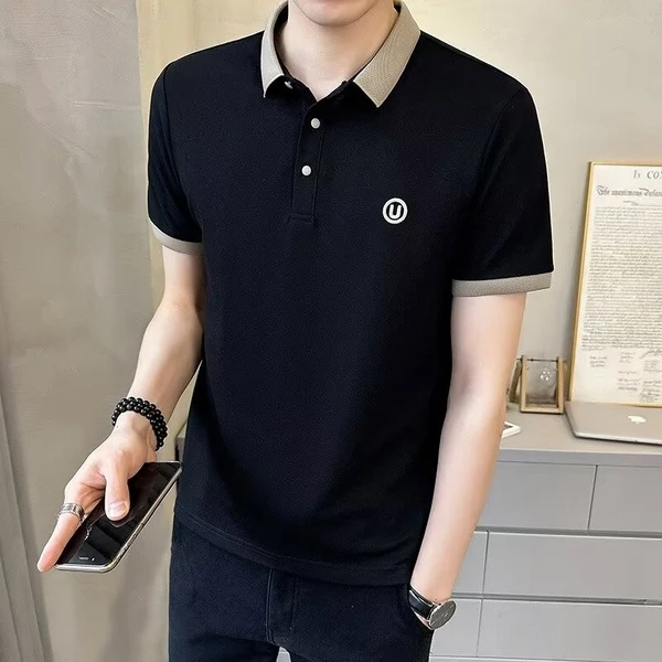 宽松夏季新款针织短袖衫白色高档恤男翻领休闲汗衫轻奢