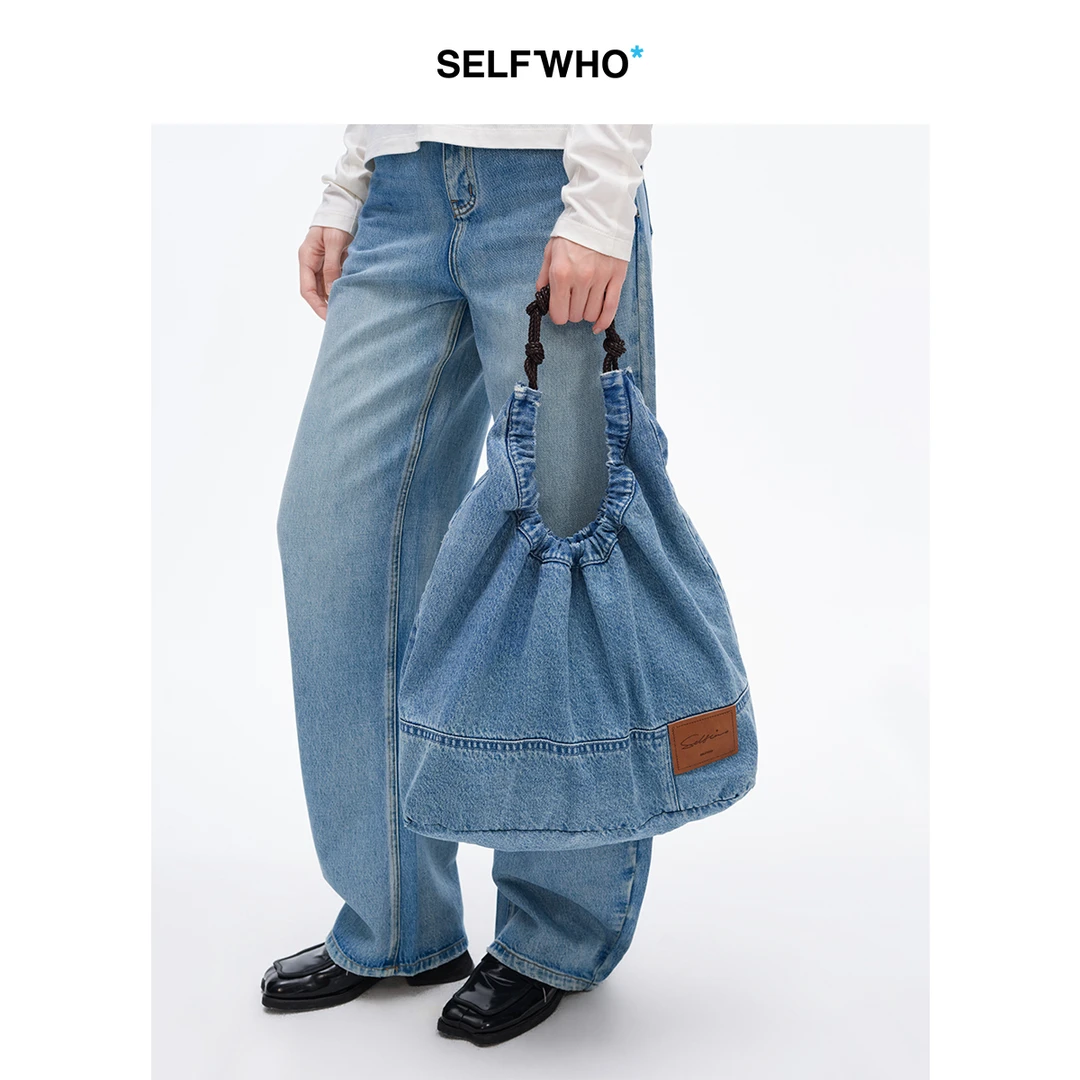 SELFWHO复古洗水牛仔单肩包2025春新款通勤百搭手工编织绳手提包