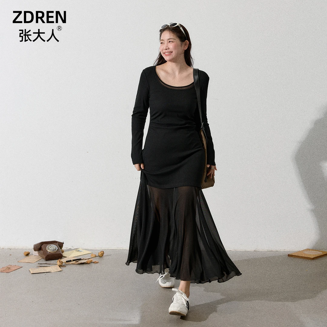张大人【柏林遐想】大码女装微胖妹妹端庄气质感黑色拼接网纱连衣裙