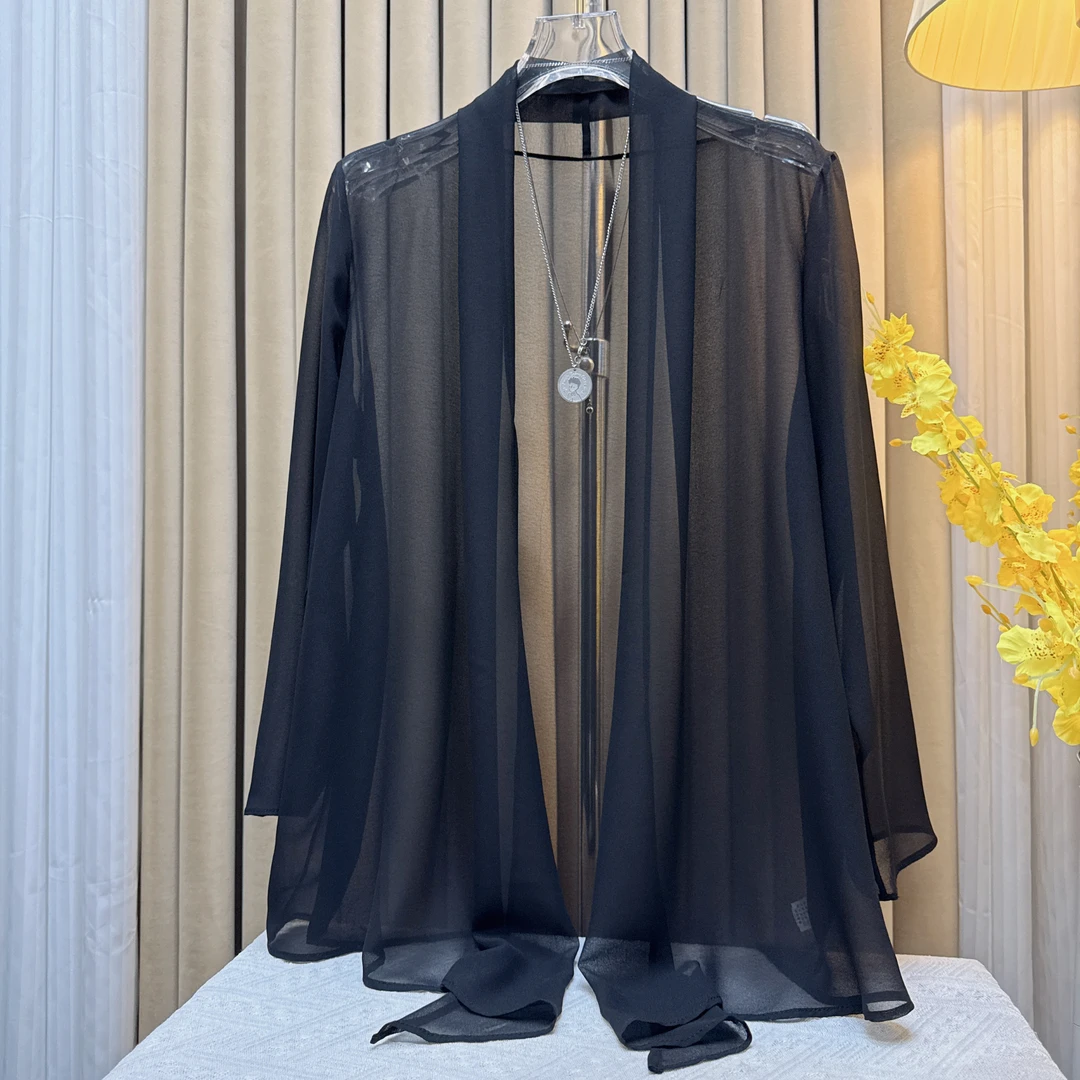 夏季款纯色常规开衫九分袖雪纺衫夏季外披中国风
