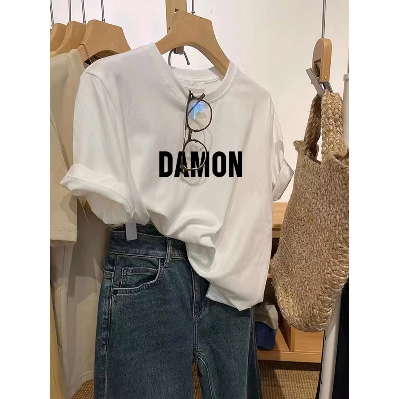 正肩磨毛圆领短袖t恤女ins时尚百搭上衣加厚款打底衫2025早秋新款