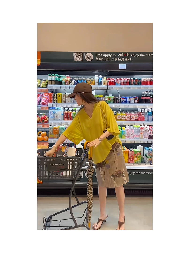 AIMURSE【酷飒】小众设计师 亚麻印花百搭休闲直筒半身裙 AM1526