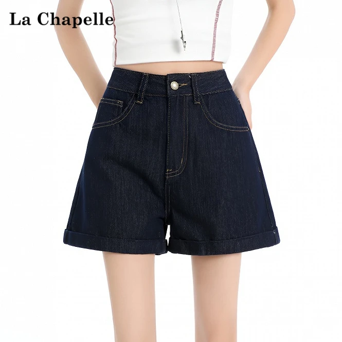 【拉夏贝尔】短裤牛仔女款冰川蓝调牛仔短裤复古高女款4050岁短裤