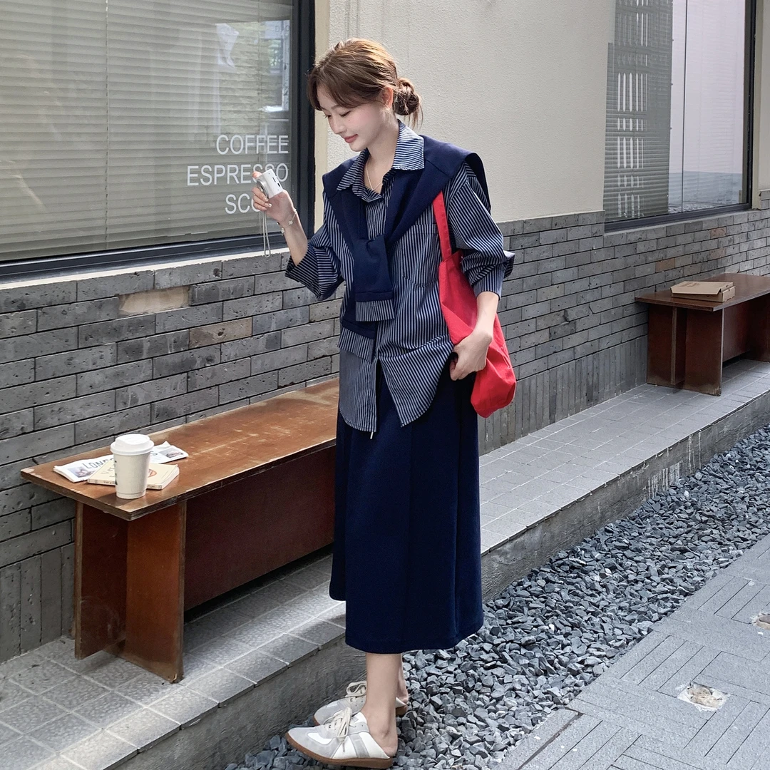 盐系轻熟风套装裙女早秋新款气质披肩条纹衬衫韩系半身裙两件套