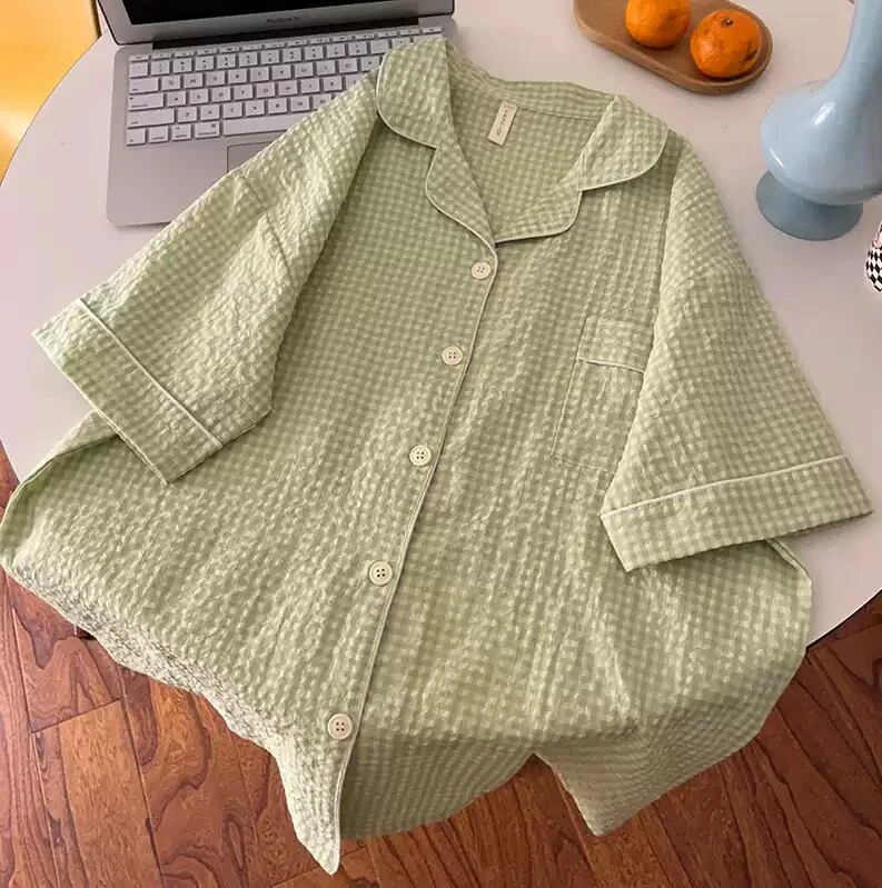 『绿野仙踪』日系清新简约格纹睡衣女夏天纯棉可外穿短袖家居服套