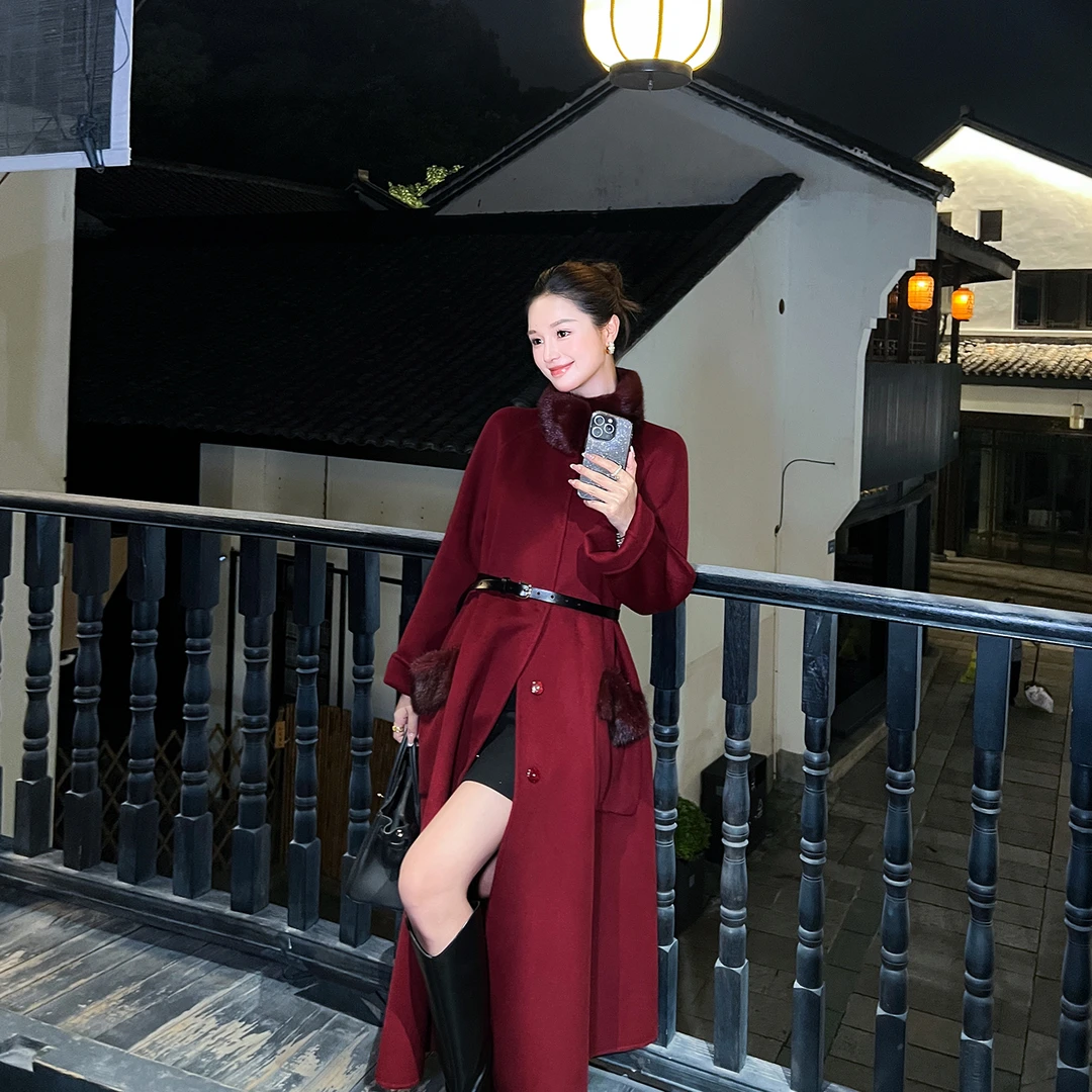 高端水貂毛领双面羊绒大衣女2025冬季新款宽松气质红色毛呢子外套