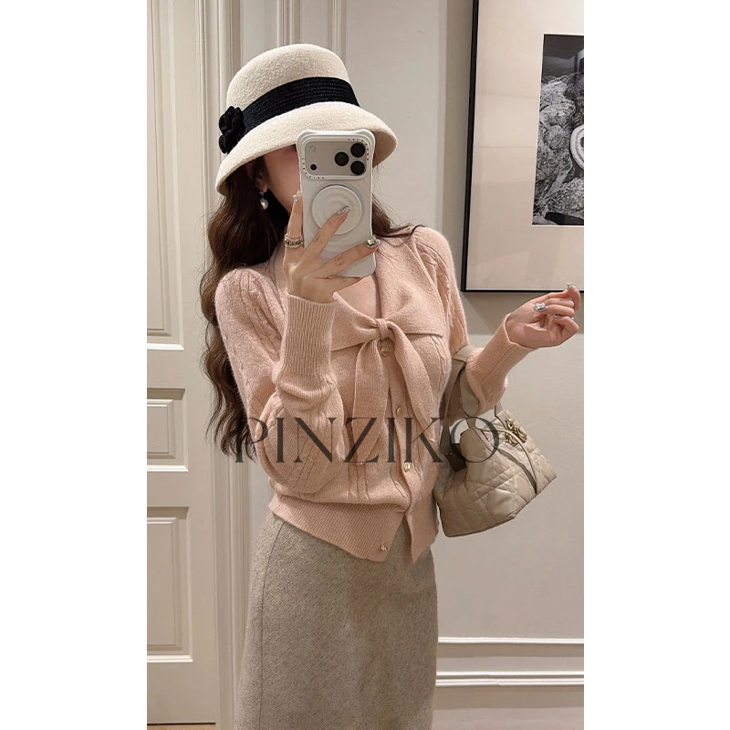 pinziko奶芙蝶~羊绒+浣熊毛+羊毛高品质蝴蝶结娃娃领针织衫TJF465