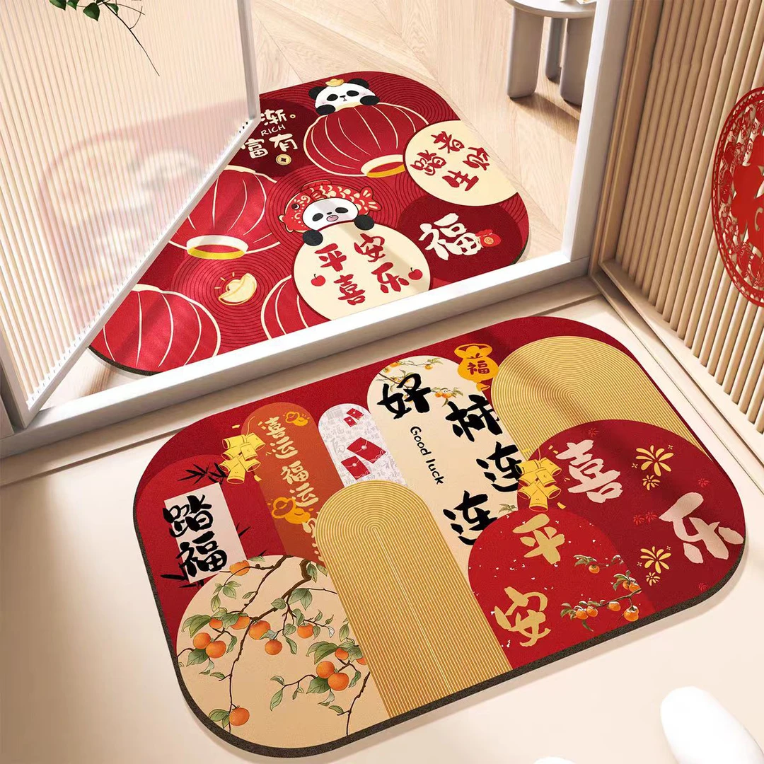 2025年新年家用红地毯卫生间吸水速干卡通元素地垫硅藻泥浴室地垫
