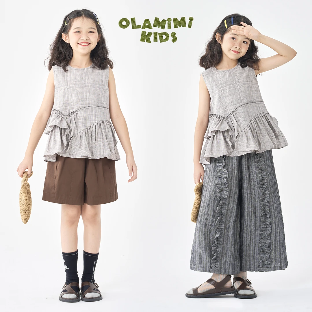 0LAMIMI定制2025夏 亲子女童全棉格纹不规则荷叶边无袖娃娃衫背心