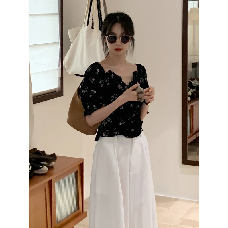 YNVN法式甜美碎花泡泡袖衬衣小衫女小个子短款褶皱设计感上衣夏季