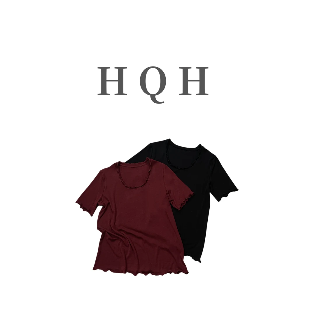 『1355#』 简约设计感减龄时尚木耳边领宽松显瘦百搭花边圆领短袖