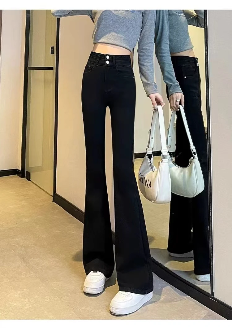 877-1-经典黑色早春秋系列 高腰瘦腿 S线设计感喇叭裤