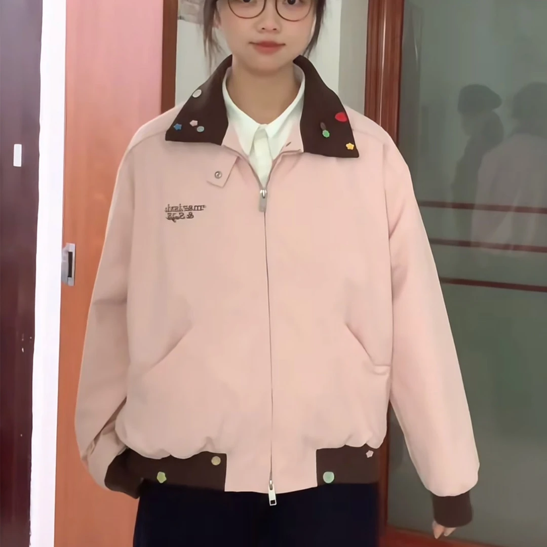 美式复古秋季外套女2025新款宽松撞色翻领拼接男女款夹克棒球服潮