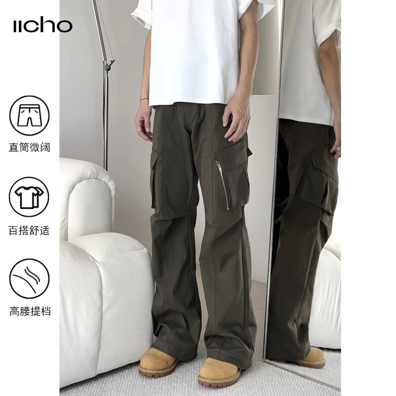 iicho愁愁 美式复古褶皱直筒工装裤大口袋宽松休闲伞兵裤男L9233