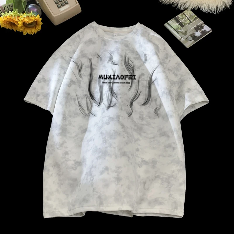 美式重磅虚影印花男士短袖T恤夏季扎染百搭休闲潮流高街宽松上衣