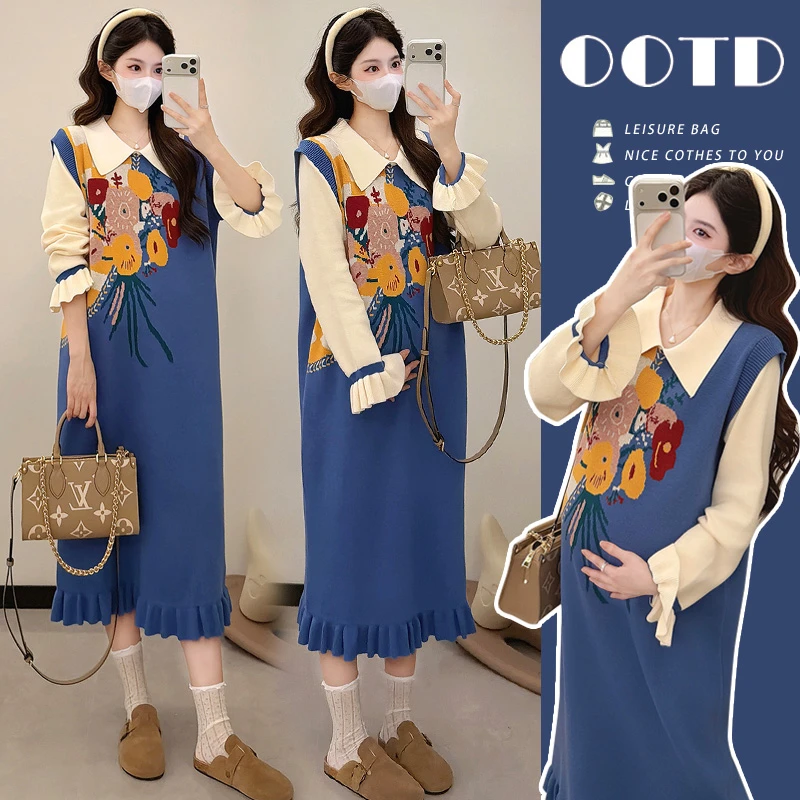 孕妇装冬季新款时尚洋气甜美减龄小清新拼色翻领孕妇连衣裙