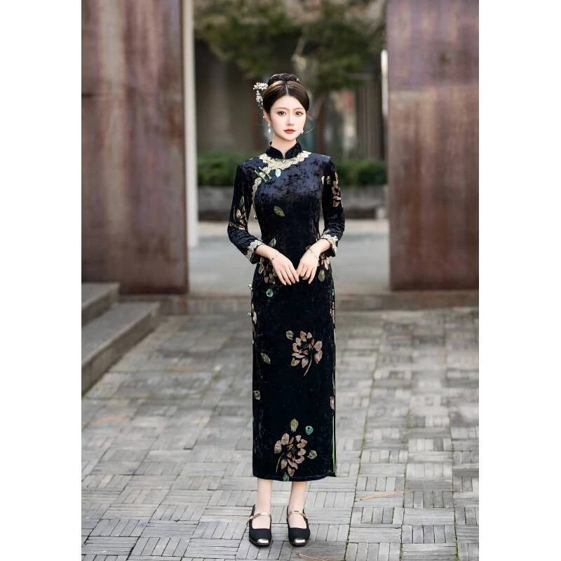 A102537,秋冬新款复古中国风优雅修身显瘦气质日常旗袍裙,M~4XL