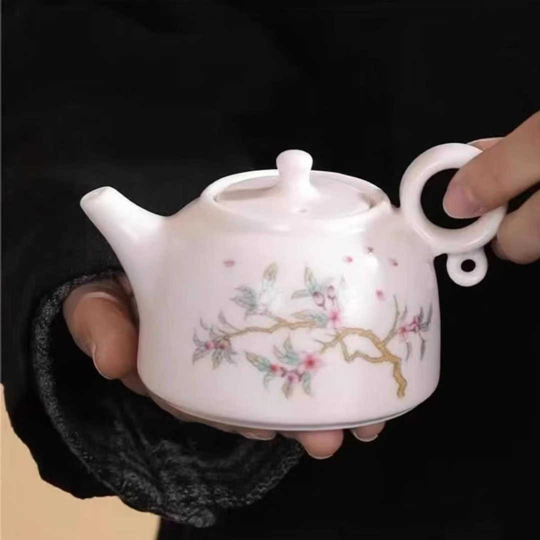 粉汝窑喜上眉梢陶瓷茶壶-E648