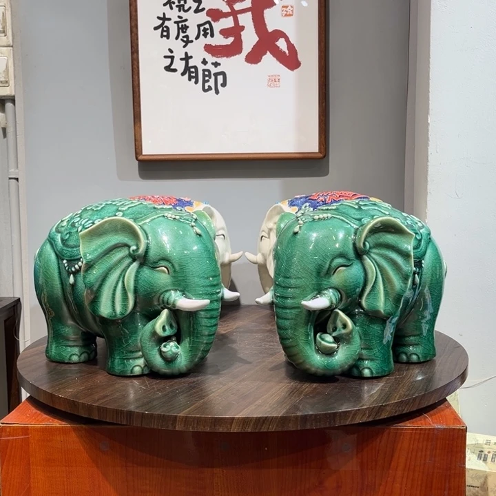 大***晏陶瓷绿釉大象一对石湾陶