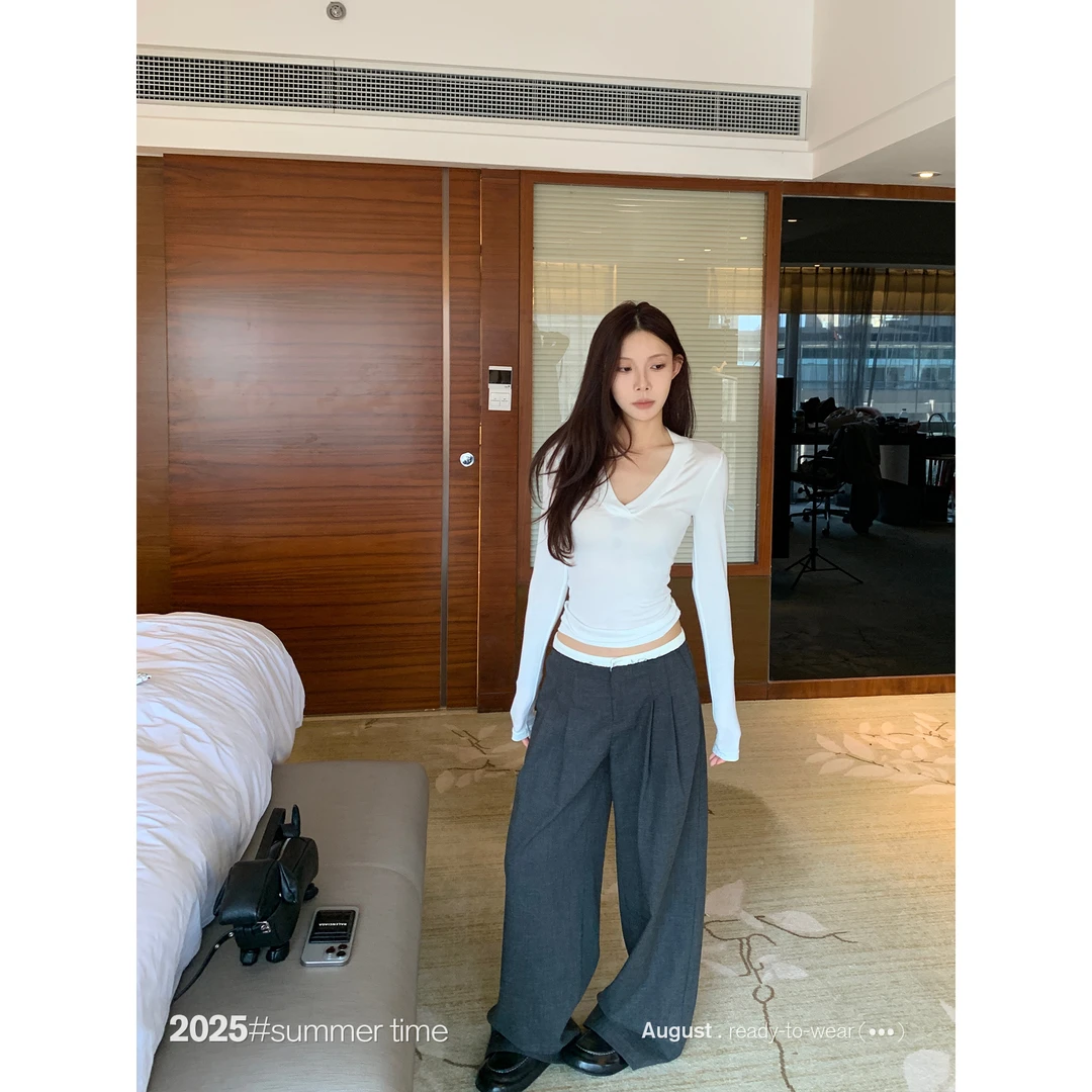 SUNONEONE 宽松阔腿垂感西装休闲裤女早秋撞白毛边拖地裤子H1348K