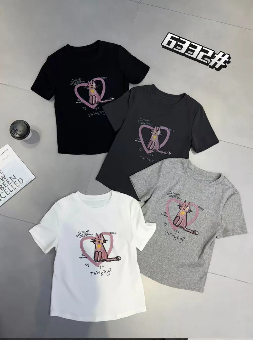 6332一个梨春夏爆款烫钻小猫T恤