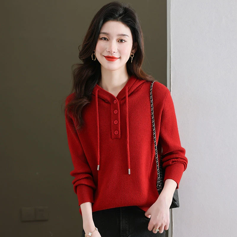 2025春装时髦洋气连帽上衣女时尚宽松外穿可打底针织衫休闲