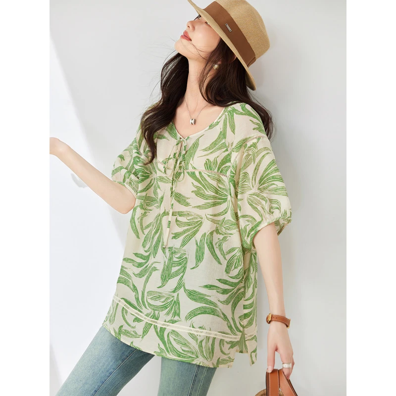 绿色短袖衬衫女夏装新款宽松大码别致衬衣洋气小清新上衣TC2709