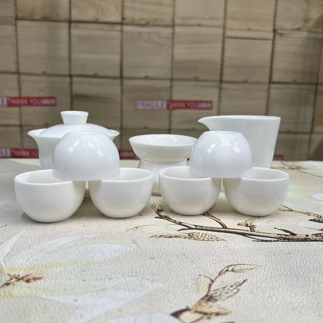 瓷韵优品 羊脂玉纯白盖碗九件套茶具套组-8970