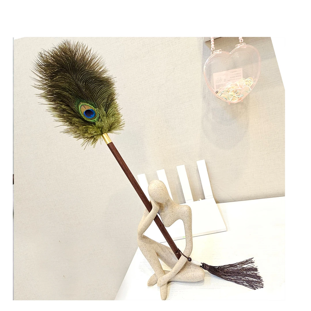 孔雀鸵羽掸家用除尘清洁摆件防静电不掉毛胡桃木色手柄高档装饰品
