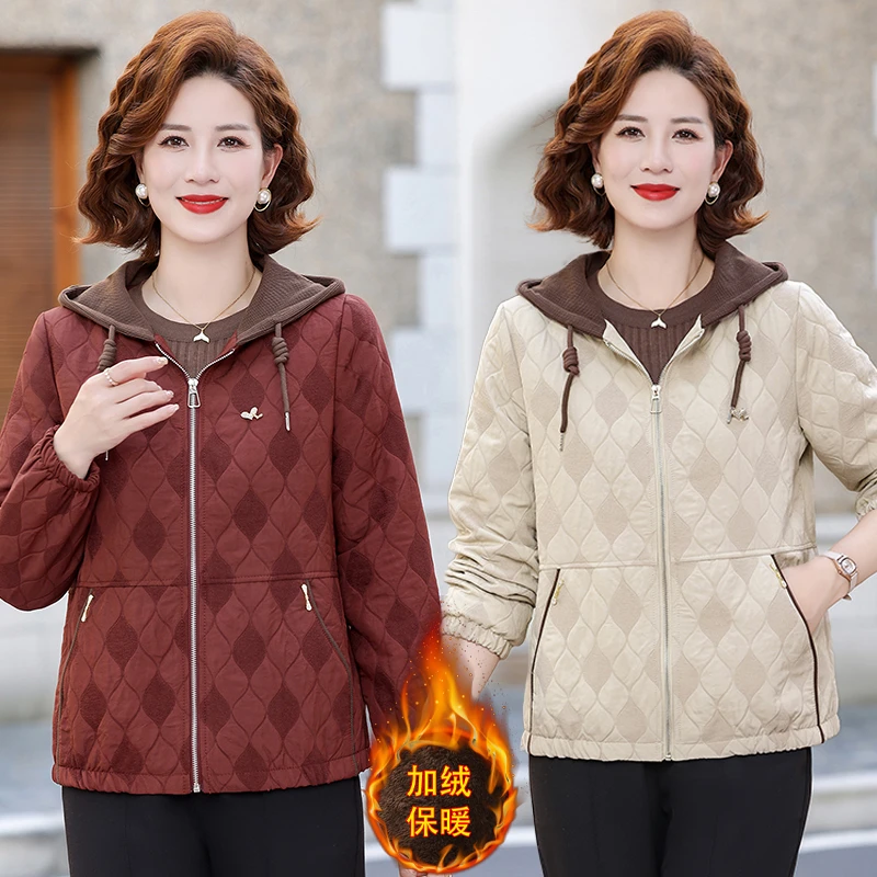 妈妈秋冬新款加绒保暖棉衣加厚休闲连帽外套棉服