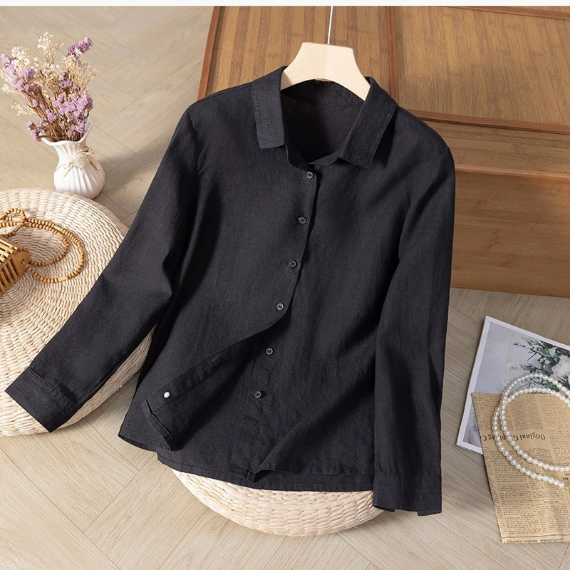 2025新款汉麻休闲百搭时尚文艺宽松显瘦春秋汉麻纯色翻领整洗衬衫