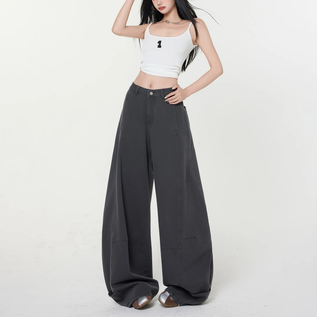 ZAZN美式高级感褶皱弯刀灰色垂感牛仔裤女新款宽松复古显瘦阔腿裤