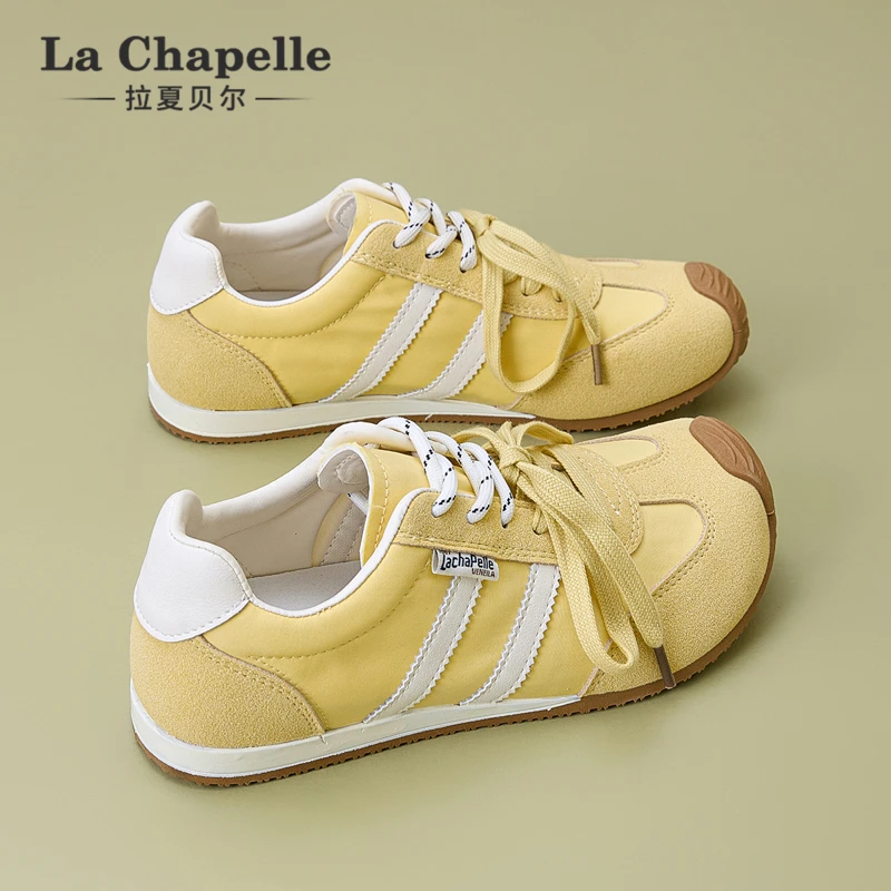 拉夏贝尔黄色德训鞋女2025新款春夏季薄款透气百搭平底运动休闲鞋