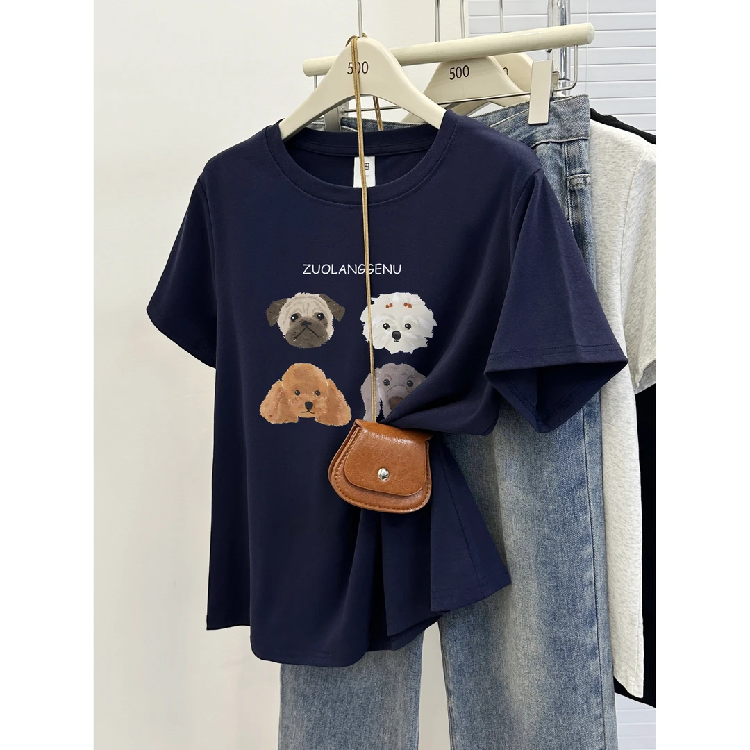 小狗印花正肩大码短袖T恤女夏装新款韩版设计感百搭圆领半袖上衣