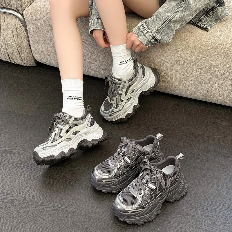 秋季新款真皮厚底老爹鞋女小个子增高鞋烫钻休闲运动女鞋