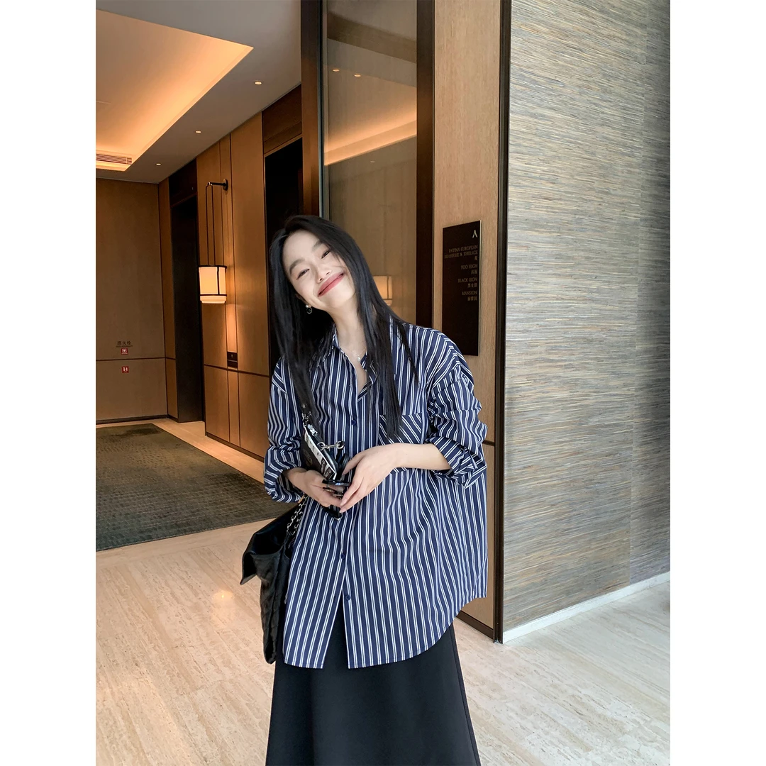 鹿见喜初秋慵懒风竖条纹翻领长袖衬衫韩系设计感百搭宽松休闲衬衣