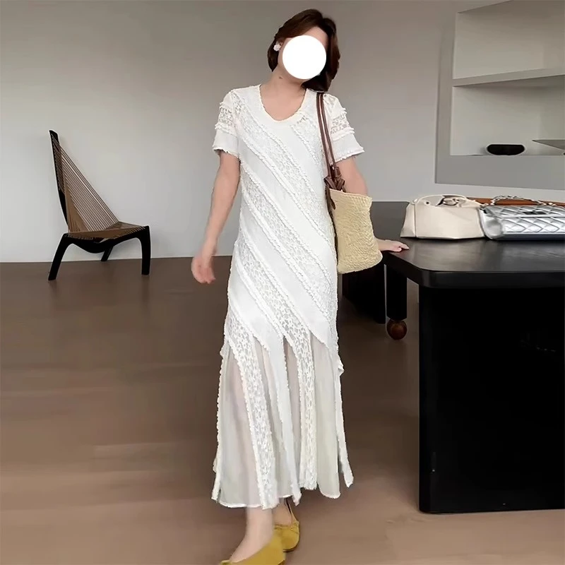 女夏季胖mm收腰显瘦气质度假风鱼尾长裙大码高级感镂空蕾丝连衣裙