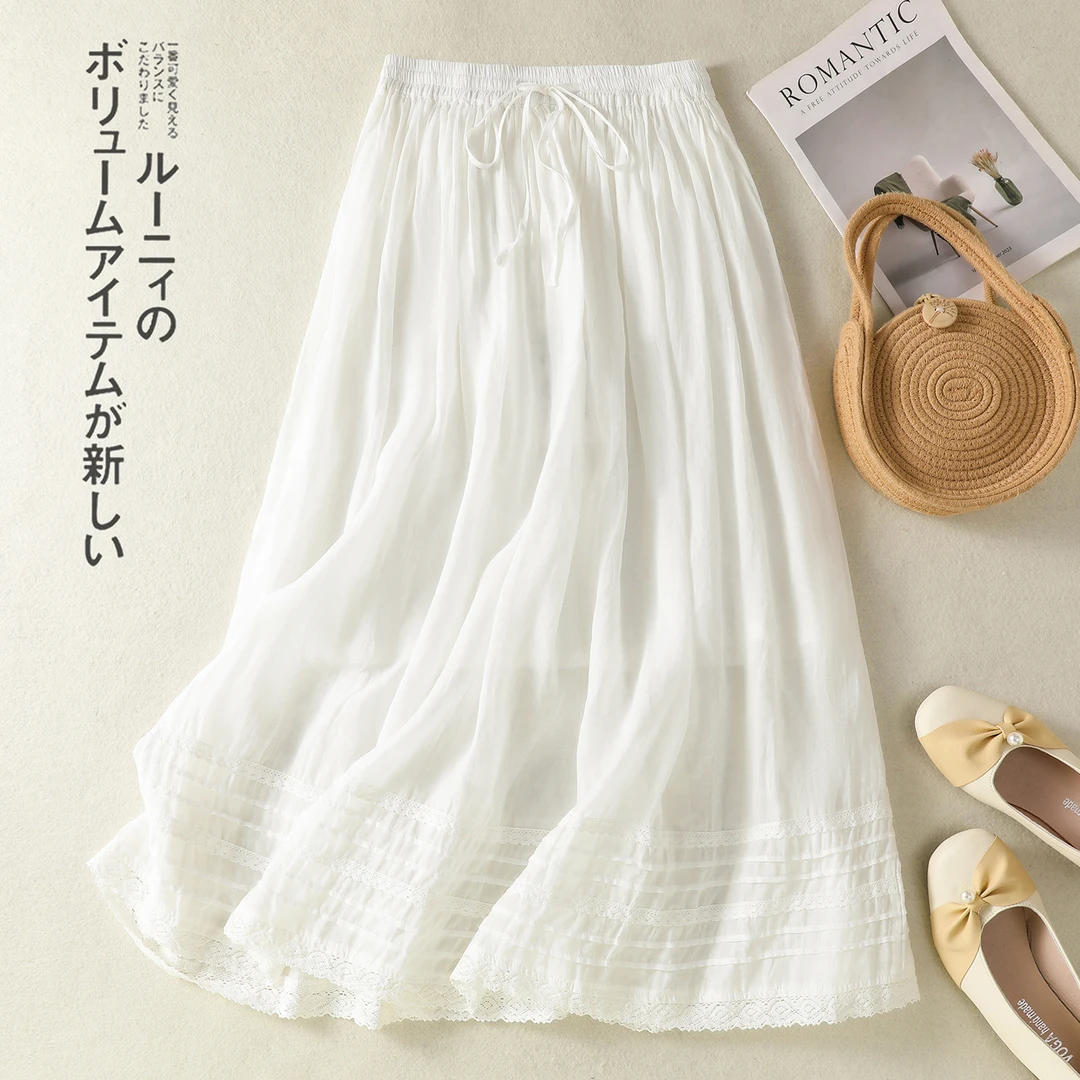 夏新款棉麻大码文艺宽松松紧腰抽绳打折花边半身裙百搭高腰白色