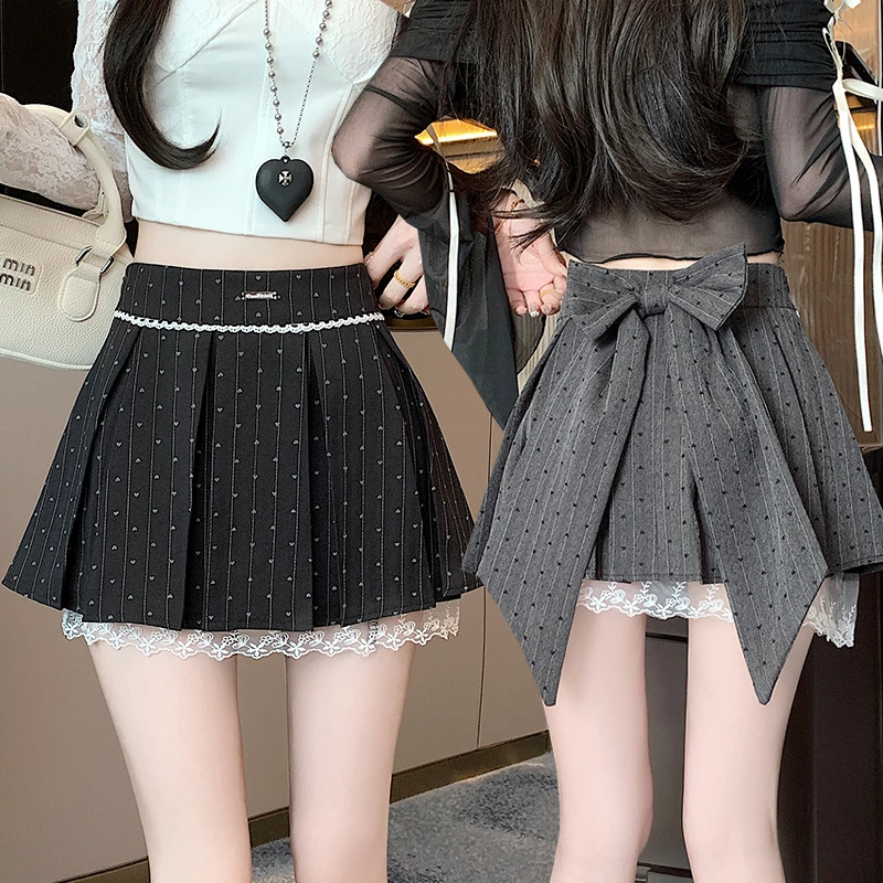 2025春夏新款高腰显瘦蕾丝花边学院风百褶裙设计感蝴蝶结A字短裙