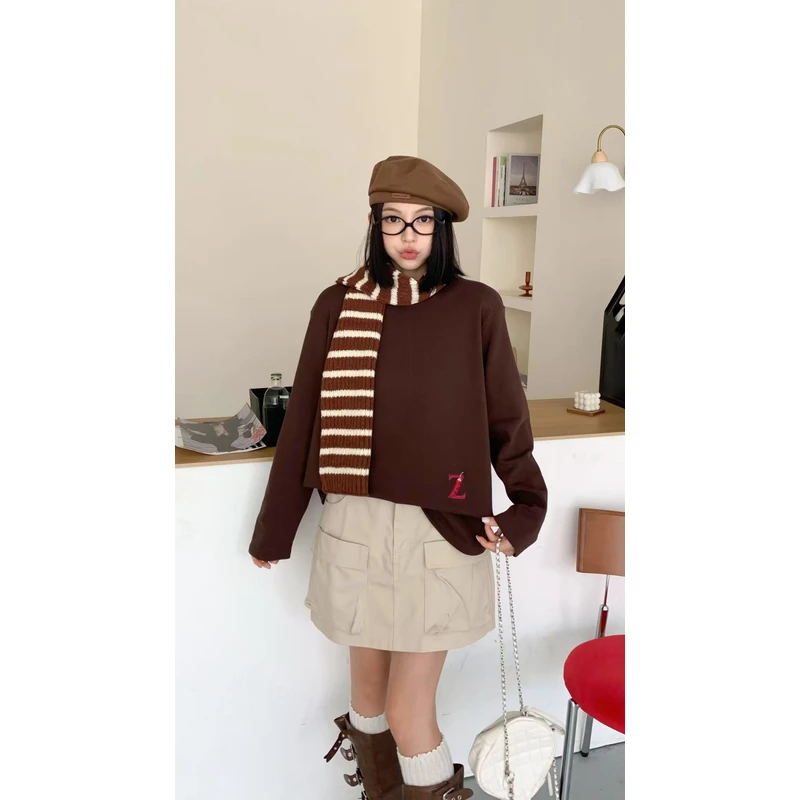 0439【冬季新款】下摆刺绣小辣椒字母Z加厚磨毛休闲T恤（7571）