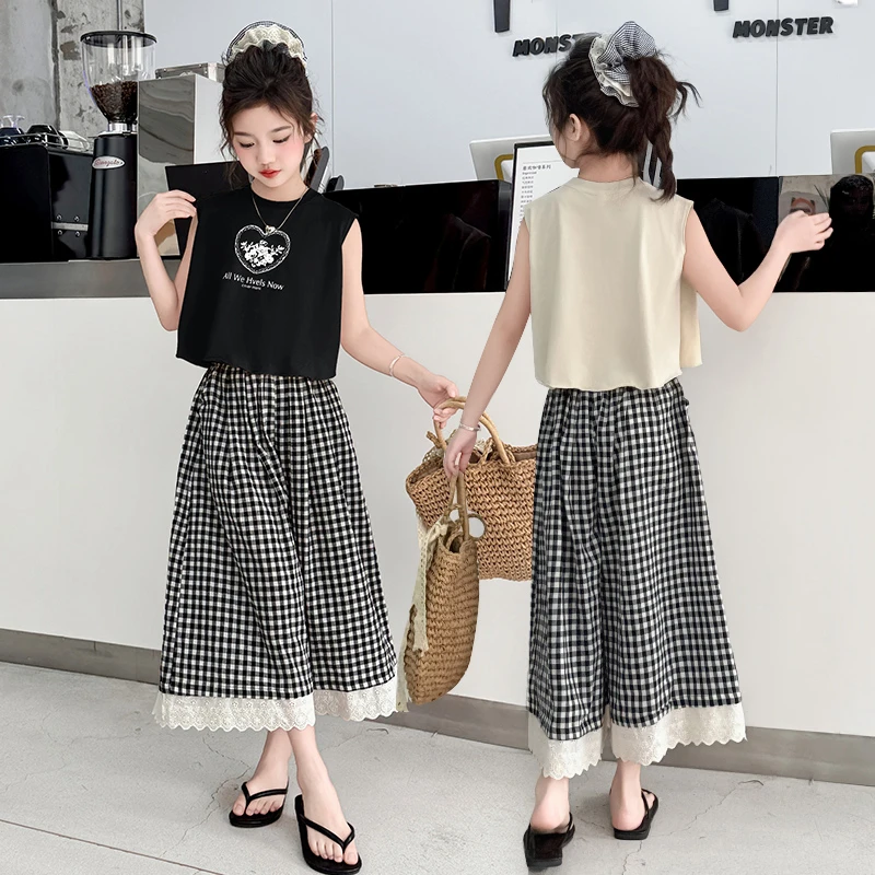 女童夏装套装2025新款中大童时尚洋气6-12岁儿童无袖背心格子裤潮