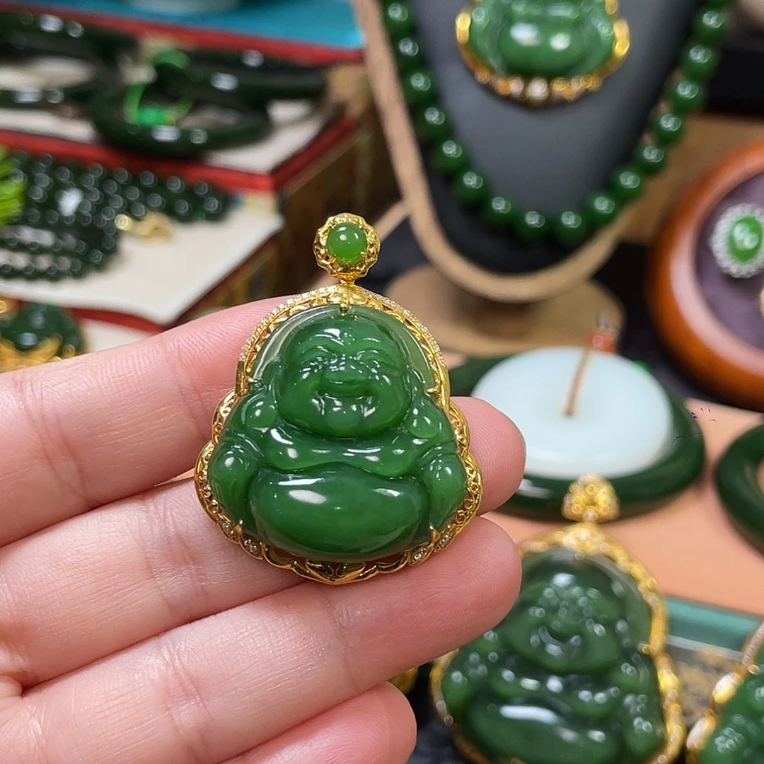 和田玉（碧玉）未镶嵌颈饰阳绿佛公30mm